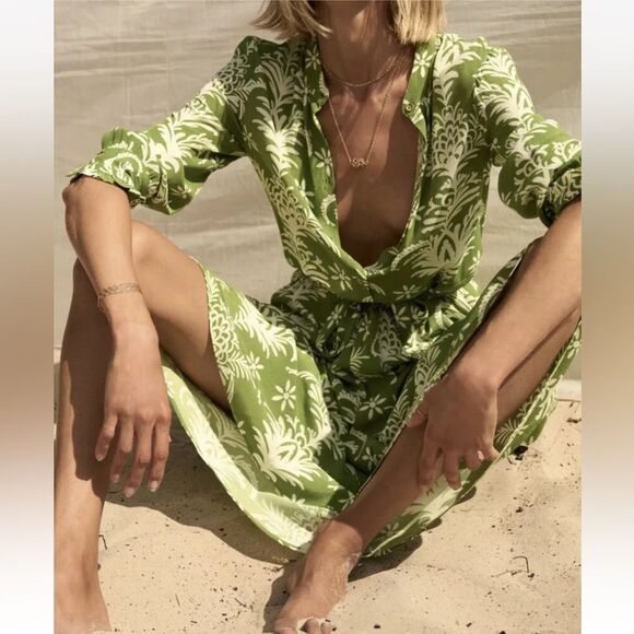 Zara Printed A-Line Midi Dress in Green and White XS NWOT - Picture 4 of 16